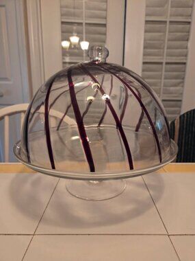 Rare Red Swirl Art Glass Dome Pedestal Cake with twisted stem.